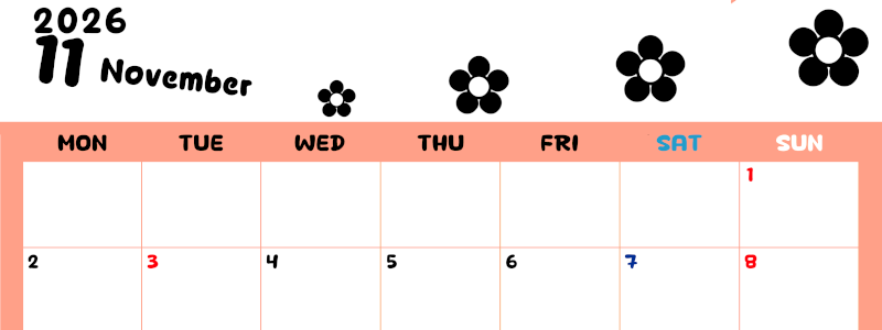 2026年11月カレンダーは横型月曜始まりでフラワーシルエットがかわいいシンプルお花デザイン：無料(2026-01301101)