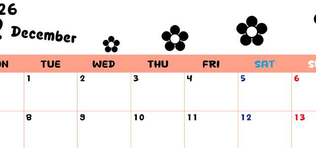 2026年12月カレンダーは横型月曜始まりでフラワーシルエットがかわいいシンプルお花デザイン：無料(2026-01301201)