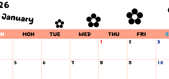 2026年1月カレンダーは横型日曜始まりでフラワーシルエットがかわいいシンプルお花デザイン：無料(2026-01300100)