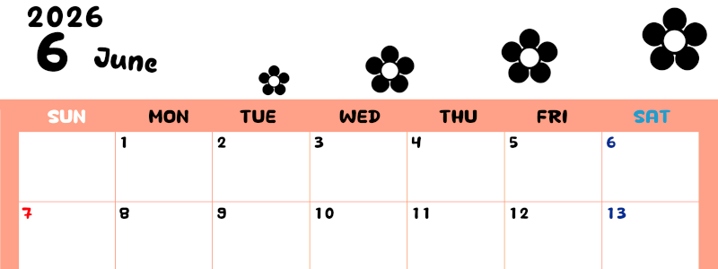 2026年6月カレンダーは横型日曜始まりでフラワーシルエットがかわいいシンプルお花デザイン：無料(2026-01300600)
