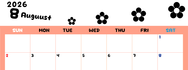 2026年8月カレンダーは横型日曜始まりでフラワーシルエットがかわいいシンプルお花デザイン：無料(2026-01300800)