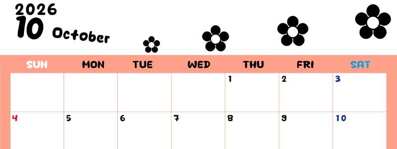 2026年10月カレンダーは横型日曜始まりでフラワーシルエットがかわいいシンプルお花デザイン：無料(2026-01301000)