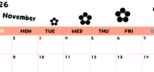 2026年11月カレンダーは横型日曜始まりでフラワーシルエットがかわいいシンプルお花デザイン：無料(2026-01301100)