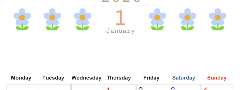 2026年1月カレンダーは縦型月曜始まりでおしゃれな花のイラストが暮らしに癒しを与えてくれる：無料(2026-01310111)