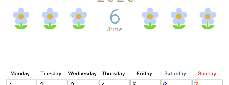 2026年6月カレンダーは縦型月曜始まりでおしゃれな花のイラストが暮らしに癒しを与えてくれる：無料(2026-01310611)