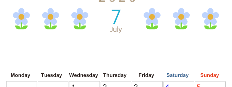 2026年7月カレンダーは縦型月曜始まり でおしゃれな花のイラストが暮らしに癒しを与えてくれる：無料(2026-01310711)