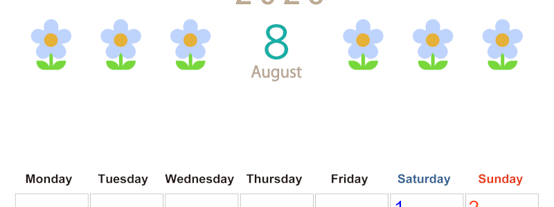 2026年8月カレンダーは縦型月曜始まりでおしゃれな花のイラストが暮らしに癒しを与えてくれる：無料(2026-01310811)