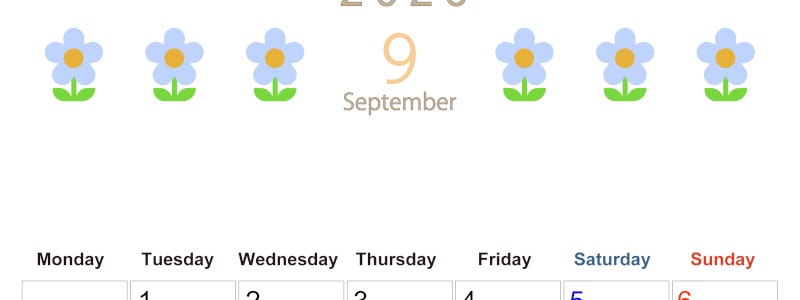 2026年9月カレンダーは縦型月曜始まりでおしゃれな花のイラストが暮らしに癒しを与えてくれる：無料(2026-01310911)