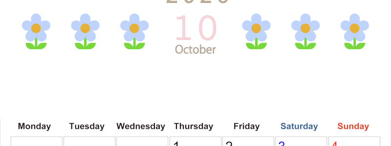 2026年10月カレンダーは縦型月曜始まりでおしゃれな花のイラストが暮らしに癒しを与えてくれる：無料(2026-01311011)