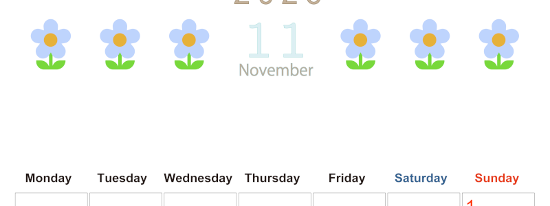 2026年11月カレンダーは縦型月曜始まりでおしゃれな花のイラストが暮らしに癒しを与えてくれる：無料(2026-01311111)