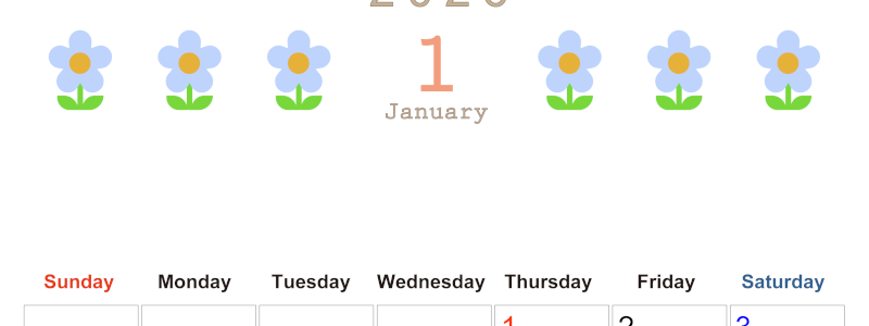 2026年1月カレンダーは縦型日曜始まりでおしゃれな花のイラストが暮らしに癒しを与えてくれる：無料(2026-01310110)