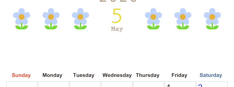 2026年5月カレンダーは縦型日曜始まりでおしゃれな花のイラストが暮らしに癒しを与えてくれる：無料(2026-01310510)