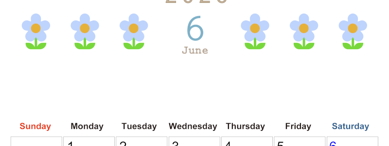 2026年6月カレンダーは縦型日曜始まりでおしゃれな花のイラストが暮らしに癒しを与えてくれる：無料(2026-01310610)