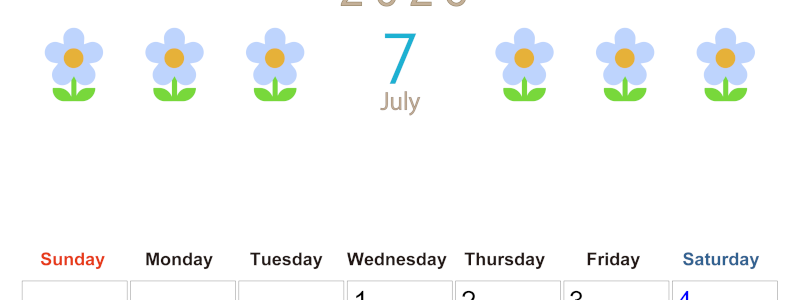 2026年7月カレンダーは縦型日曜始まり でおしゃれな花のイラストが暮らしに癒しを与えてくれる：無料(2026-01310710)