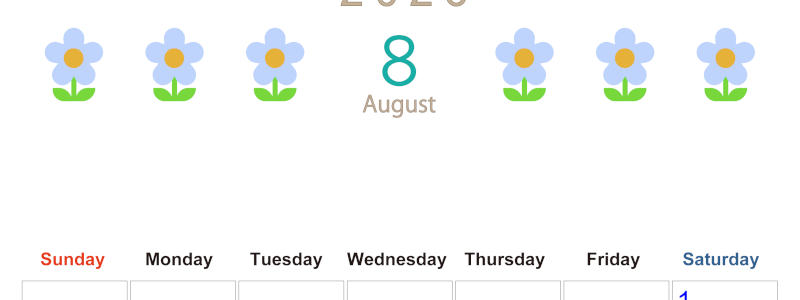 2026年8月カレンダーは縦型日曜始まりでおしゃれな花のイラストが暮らしに癒しを与えてくれる：無料(2026-01310810)