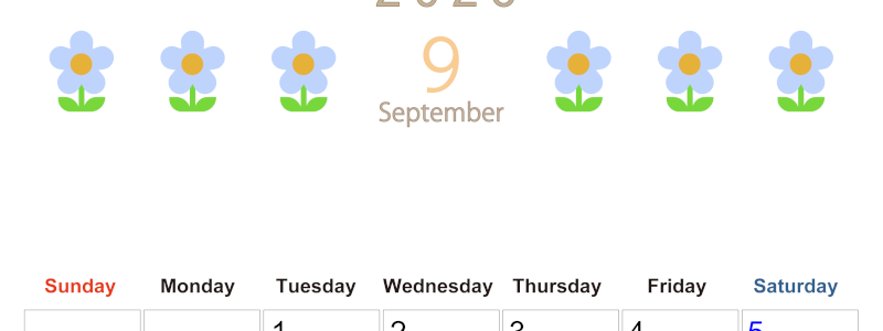 2026年9月カレンダーは縦型日曜始まりでおしゃれな花のイラストが暮らしに癒しを与えてくれる：無料(2026-01310910)