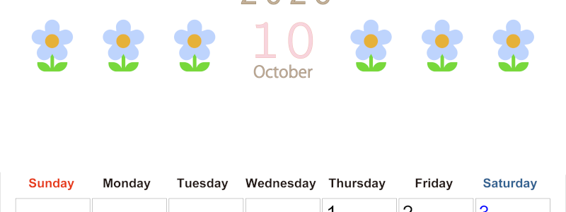 2026年10月カレンダーは縦型日曜始まりでおしゃれな花のイラストが暮らしに癒しを与えてくれる：無料(2026-01311010)