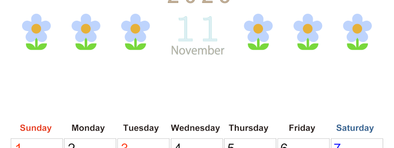 2026年11月カレンダーは縦型日曜始まりでおしゃれな花のイラストが暮らしに癒しを与えてくれる：無料(2026-01311110)