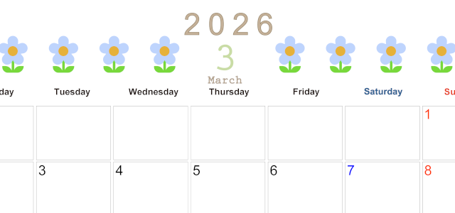 2026年3月カレンダーは横型月曜始まりでおしゃれな花のイラストが暮らしに癒しを与えてくれる：無料(2026-01310301)