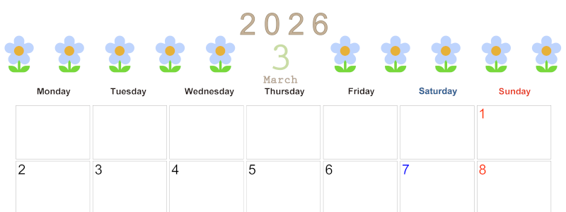 2026年3月カレンダーは横型月曜始まりでおしゃれな花のイラストが暮らしに癒しを与えてくれる：無料(2026-01310301)