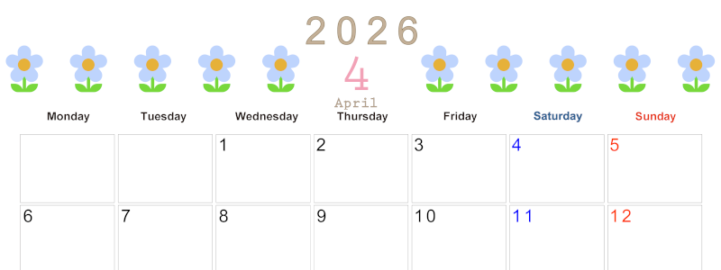2026年4月カレンダーは横型月曜始まりでおしゃれな花のイラストが暮らしに癒しを与えてくれる：無料(2026-01310401)