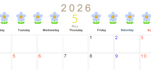 2026年5月カレンダーは横型月曜始まりでおしゃれな花のイラストが暮らしに癒しを与えてくれる：無料(2026-01310501)