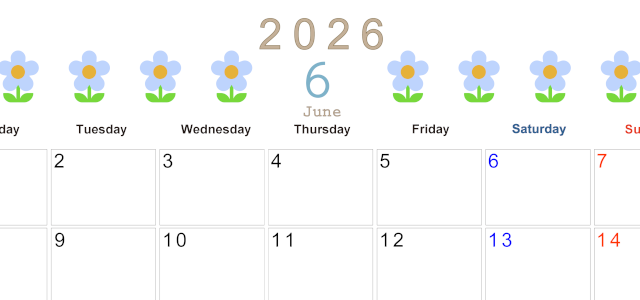 2026年6月カレンダーは横型月曜始まりでおしゃれな花のイラストが暮らしに癒しを与えてくれる：無料(2026-01310601)