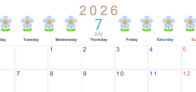 2026年7月カレンダーは横型月曜始まり でおしゃれな花のイラストが暮らしに癒しを与えてくれる：無料(2026-01310701)