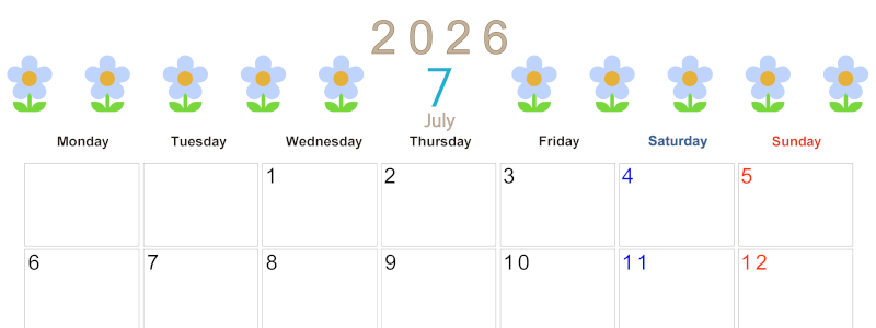 2026年7月カレンダーは横型月曜始まり でおしゃれな花のイラストが暮らしに癒しを与えてくれる：無料(2026-01310701)