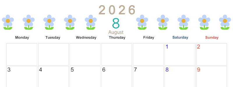 2026年8月カレンダーは横型月曜始まりでおしゃれな花のイラストが暮らしに癒しを与えてくれる：無料(2026-01310801)