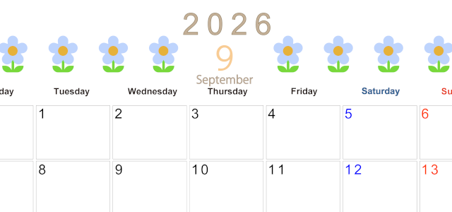 2026年9月カレンダーは横型月曜始まりでおしゃれな花のイラストが暮らしに癒しを与えてくれる：無料(2026-01310901)