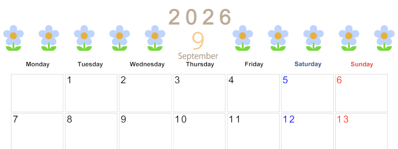 2026年9月カレンダーは横型月曜始まりでおしゃれな花のイラストが暮らしに癒しを与えてくれる：無料(2026-01310901)