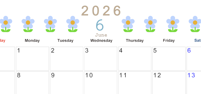 2026年6月カレンダーは横型日曜始まりでおしゃれな花のイラストが暮らしに癒しを与えてくれる：無料(2026-01310600)