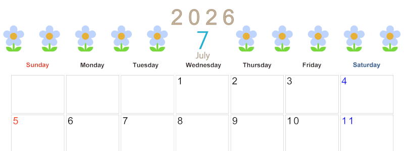 2026年7月カレンダーは横型日曜始まりでおしゃれな花のイラストが暮らしに癒しを与えてくれる：無料(2026-01310700)