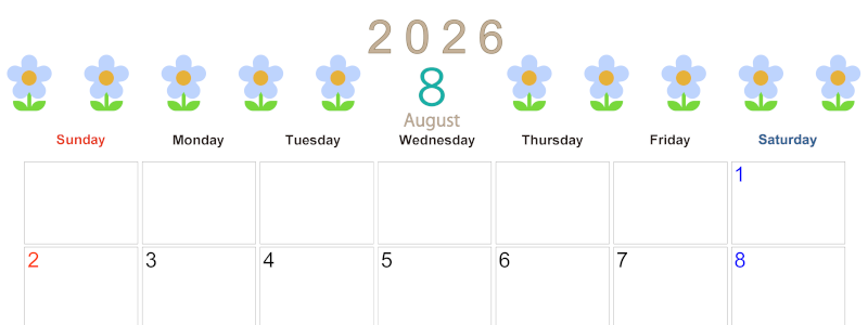 2026年8月カレンダーは横型日曜始まりでおしゃれな花のイラストが暮らしに癒しを与えてくれる：無料(2026-01310800)