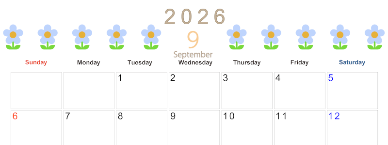 2026年9月カレンダーは横型日曜始まりでおしゃれな花のイラストが暮らしに癒しを与えてくれる：無料(2026-01310900)