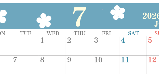 2026年7月カレンダーは横型月曜始まり でフラワーシルエットがかわいい♪ダウンロードは無料♪(2026-01320701)