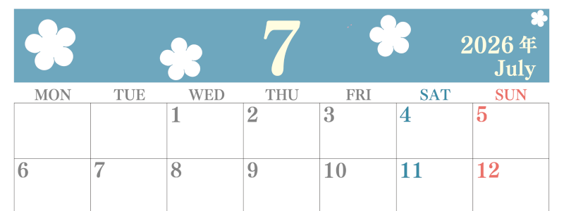 2026年7月カレンダーは横型月曜始まり でフラワーシルエットがかわいい♪ダウンロードは無料♪(2026-01320701)