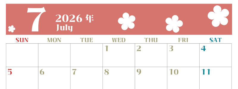 2026年7月カレンダーは横型日曜始まりでフラワーシルエットが上品でおしゃれ（無料）(2026-01330700)