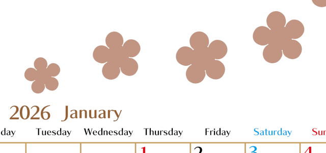 2026年1月カレンダーは縦型月曜始まりでベージュの花がおしゃれ：無料(2026-01340111)
