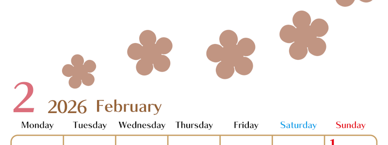 2026年2月カレンダーは縦型月曜始まりでベージュの花がおしゃれ：無料(2026-01340211)