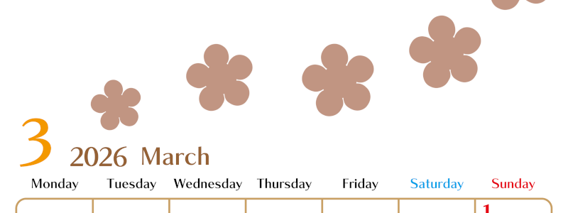 2026年3月カレンダーは縦型月曜始まりでベージュの花がおしゃれ：無料(2026-01340311)