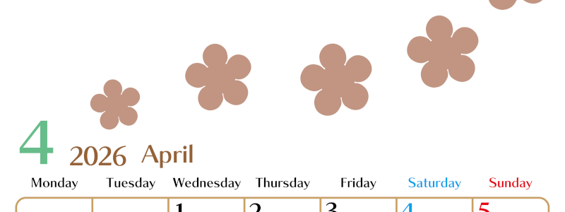 2026年4月カレンダーは縦型月曜始まりでベージュの花がおしゃれ：無料(2026-01340411)