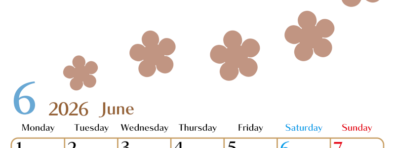 2026年6月カレンダーは縦型月曜始まりでベージュの花がおしゃれ：無料(2026-01340611)