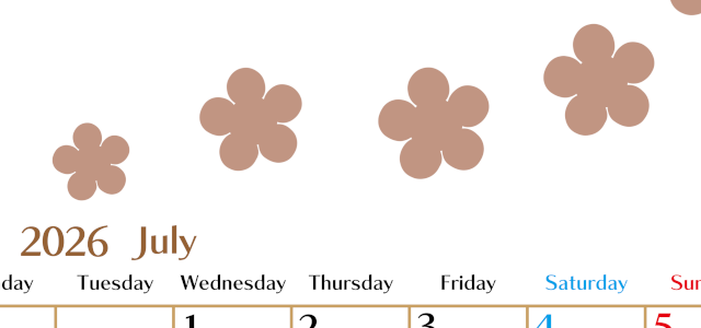 2026年7月カレンダーは縦型月曜始まり でベージュの花がおしゃれ：無料(2026-01340711)