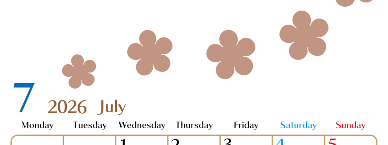 2026年7月カレンダーは縦型月曜始まり でベージュの花がおしゃれ：無料(2026-01340711)