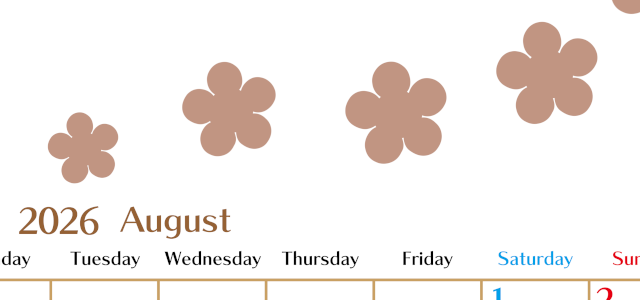 2026年8月カレンダーは縦型月曜始まりでベージュの花がおしゃれ：無料(2026-01340811)
