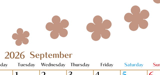 2026年9月カレンダーは縦型月曜始まりでベージュの花がおしゃれ：無料(2026-01340911)