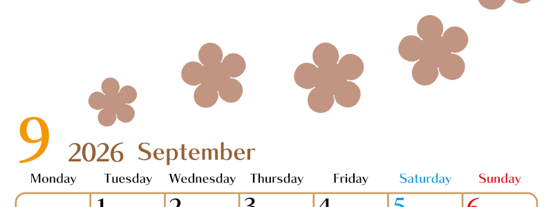 2026年9月カレンダーは縦型月曜始まりでベージュの花がおしゃれ：無料(2026-01340911)