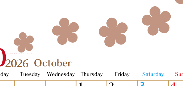 2026年10月カレンダーは縦型月曜始まりでベージュの花がおしゃれ：無料(2026-01341011)